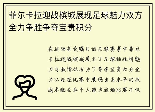 菲尔卡拉迎战槟城展现足球魅力双方全力争胜争夺宝贵积分